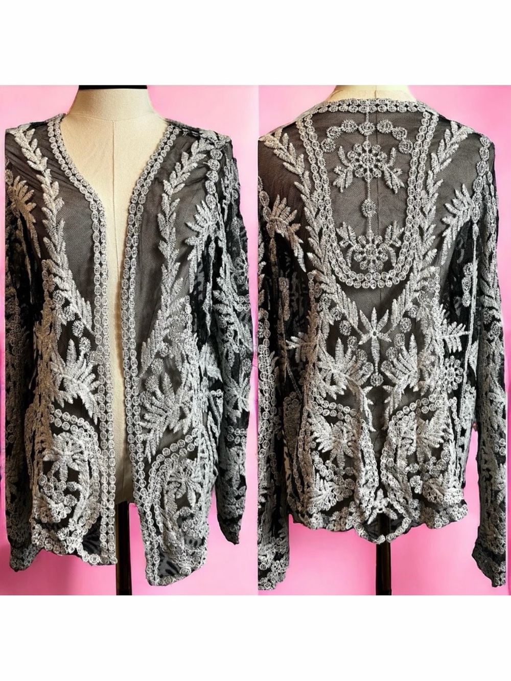 Simply Couture Bohemian Embroidered Mesh Open Front Top